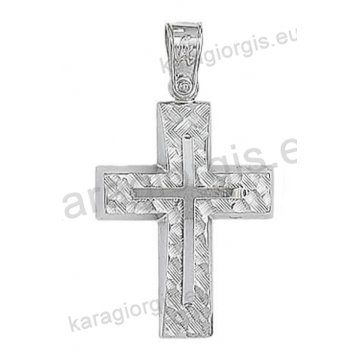 Βαπτιστικός σταυρός για αγόρι λευκόχρυσος Κ14 με ένθετο λευκόχρυσο σταυρό με γραμμωτό σαγρέ φινίρισμα