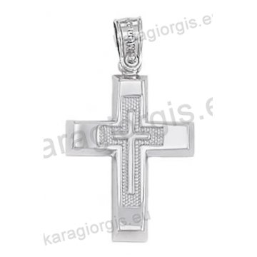 Βαπτιστικός σταυρός λευκόχρυσος για αγόρι Κ14 με λευκόχρυσο σταυρό με λουστρέ και ανάγλυφο φινίρισμα