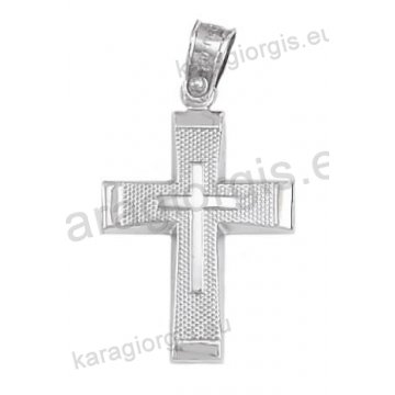Βαπτιστικός σταυρός λευκόχρυσος για αγόρι Κ14 με λευκόχρυσο σταυρό με λουστρέ και ανάγλυφο φινίρισμα