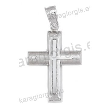 Βαπτιστικός σταυρός λευκόχρυσος για αγόρι Κ14 με λευκόχρυσο σταυρό με διαμαντέ και γραμμωτό σαγρέ φινίρισμα