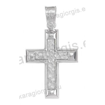 Βαπτιστικός σταυρός λευκόχρυσος για αγόρι Κ14 με λουστρέ και γραμμωτό σαγρέ φινίρισμα