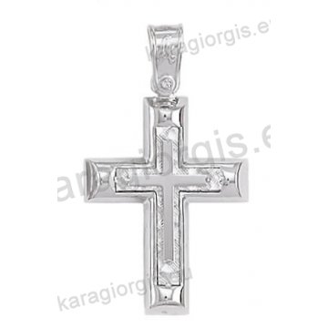 Βαπτιστικός σταυρός λευκόχρυσος για αγόρι Κ14 με λευκόχρυσο σταυρό με λουστρέ και γραμμωτό σαγρέ φινίρισμα