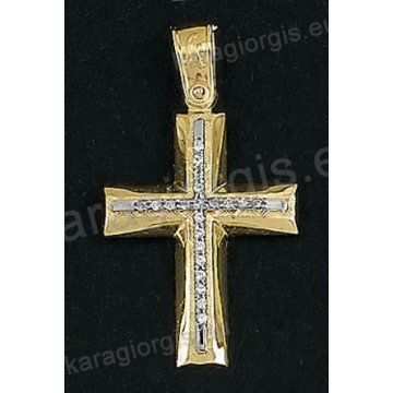 Βαπτιστικός σταυρός Κ14 για κορίτσι δίχρωμος χρυσός με λουστρέ και σαγρέ φινίρισμα και ένθετο λευκόχρυσο σταυρό με άσπρες πέτρες ζιργκόν