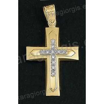 Βαπτιστικός σταυρός Κ14 για κορίτσι δίχρωμος χρυσός με λουστρέ και ματ φινίρισμα και ένθετο λευκόχρυσο σταυρό με άσπρες πέτρες ζιργκόν