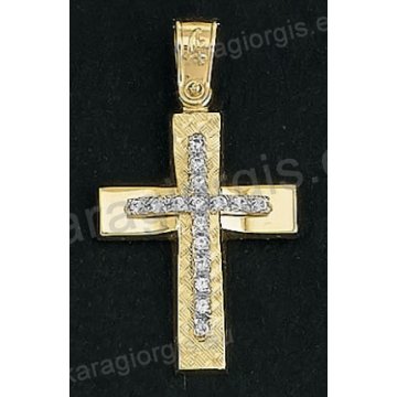 Βαπτιστικός σταυρός Κ14 για κορίτσι δίχρωμος χρυσός με λουστρέ και σαγρέ φινίρισμα και ένθετο λευκόχρυσο σταυρό με άσπρες πέτρες ζιργκόν