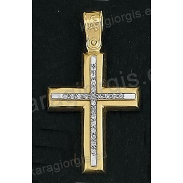 Βαπτιστικός σταυρός Κ14 για κορίτσι δίχρωμος χρυσός με ματ φινίρισμα και ένθετο λευκόχρυσο σταυρό με άσπρες πέτρες ζιργκόν