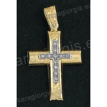 Βαπτιστικός σταυρός Κ14 για κορίτσι δίχρωμος χρυσός με σαγρέ φινίρισμα και ένθετο λευκόχρυσο σταυρό με άσπρες πέτρες ζιργκόν