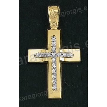 Βαπτιστικός σταυρός Κ14 για κορίτσι δίχρωμος χρυσός με λουστρέ και ματ φινίρισμα και ένθετο λευκόχρυσο σταυρό με άσπρες πέτρες ζιργκόν