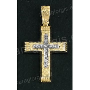 Βαπτιστικός σταυρός Κ14 για κορίτσι δίχρωμος χρυσός με σαγρέ φινίρισμα και ένθετο λευκόχρυσο σταυρό με άσπρες πέτρες ζιργκόν