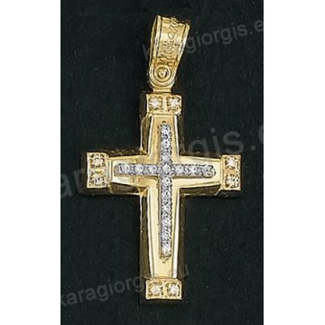 Βαπτιστικός σταυρός Κ14 για κορίτσι δίχρωμος χρυσός με ένθετο λευκόχρυσο σταυρό με άσπρες πέτρες ζιργκόν
