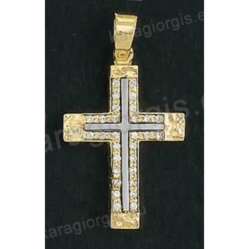 Βαπτιστικός σταυρός Κ14 για κορίτσι δίχρωμος χρυσός με σφυρίλατο φινίρισμα με ένθετο λευκόχρυσο σταυρό με άσπρες πέτρες ζιργκόν