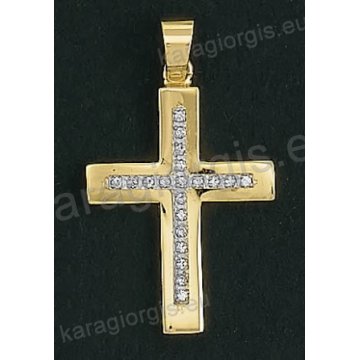 Βαπτιστικός σταυρός Κ14 για κορίτσι δίχρωμος χρυσός με ένθετο λευκόχρυσο σταυρό με άσπρες πέτρες ζιργκόν