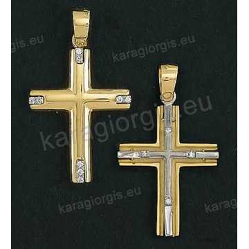 Βαπτιστικός σταυρός Κ14 διπλής όψεως για κορίτσι δίχρωμος χρυσός με λευκόχρυσο με άσπρες πέτρες ζιργκόν