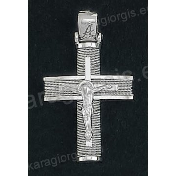 Βαπτιστικός σταυρός για αγόρι Κ14 λευκόχρυσος συρμάτινος με λευκόχρυσο σύρμα δουλεμένο στο χέρι με λευκόχρυσο εσταυρωμένο