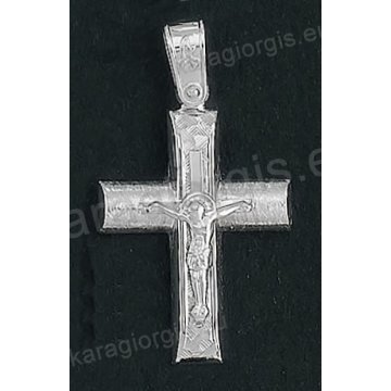 Βαπτιστικός σταυρός για αγόρι Κ14 λευκόχρυσος με σαγρέ φινίρισμα με λευκόχρυσο εσταυρωμένο