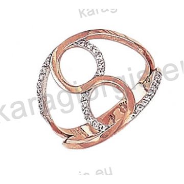Μοντέρνο δαχτυλίδι Κ14 ροζ χρυσό με άσπρες πέτρες ζιργκόν