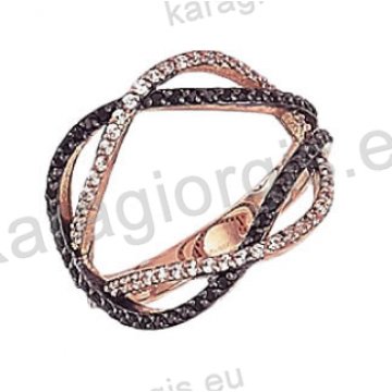 Μοντέρνο δαχτυλίδι Κ14 ροζ χρυσό με άσπρες και μαύρες πέτρες ζιργκόν