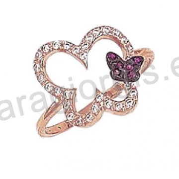 Μοντέρνο δαχτυλίδι Κ14 σε σχήμα πεταλούδας σε ροζ χρυσό με άσπρες πέτρες ζιργκόν και δεύτερη πεταλουδίτσα με κόκκινες πέτρες ζιργκόν και μαύρο πλατίνωμα