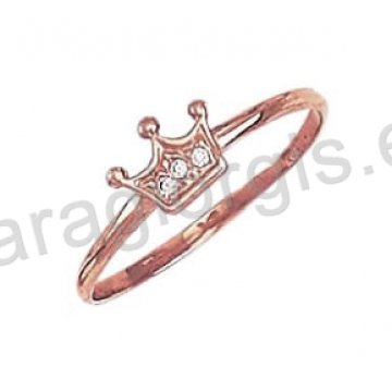 Μοντέρνο δαχτυλίδι Κ14 ροζ χρυσό με κορωνίτσα με άσπρες πέτρες ζιργκόν