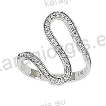 Δαχτυλίδι λευκόχρυσο K14 σε μοντέρνο περίτεχνο σχέδιο με λευκές πέτρες ζιργκόν