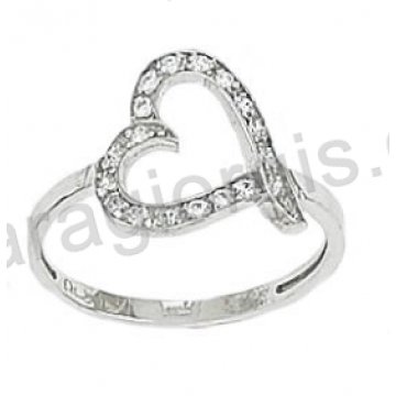 Δαχτυλίδι λευκόχρυσο K14 σε μοντέρνο σχέδιο με καρδιά με λευκές πέτρες ζιργκόν