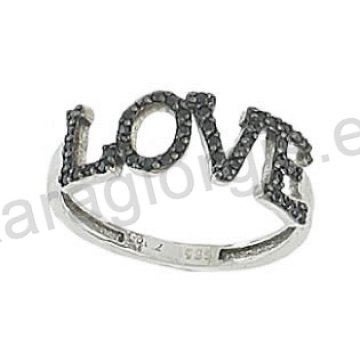 Δαχτυλίδι λευκόχρυσο K14 σε μοντέρνο σχέδιο με λογότυπο LOVE με μαύρες πέτρες ζιργκόν