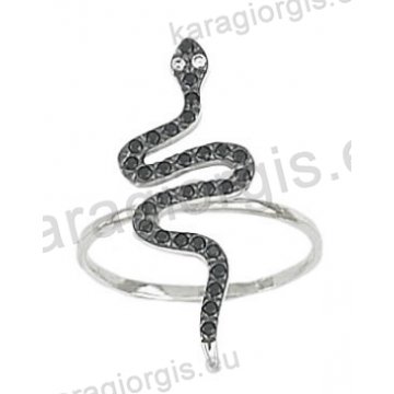Δαχτυλίδι λευκόχρυσο K14 σε μοντέρνο σχέδιο με φίδι με μαύρες πέτρες ζιργκόν