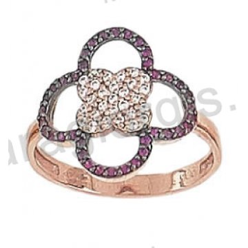 Δαχτυλίδι ροζ χρυσό K14 σε μοντέρνο περίτεχνο σχέδιο με λευκές και κόκκινες πέτρες ζιργκόν