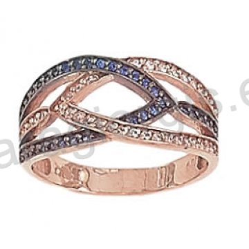 Δαχτυλίδι ροζ χρυσό K14 σε μοντέρνο περίτεχνο σχέδιο με λευκές και μπλε πέτρες ζιργκόν