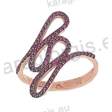 Δαχτυλίδι ροζ χρυσό K14 σε μοντέρνο περίτεχνο σχέδιο με κόκκινες πέτρες ζιργκόν