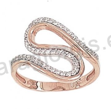 Δαχτυλίδι ροζ χρυσό K14 σε μοντέρνο περίτεχνο σχέδιο με λευκές πέτρες ζιργκόν