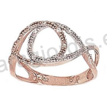 Δαχτυλίδι ροζ χρυσό K14 σε μοντέρνο περίτεχνο σχέδιο με λευκές πέτρες ζιργκόν