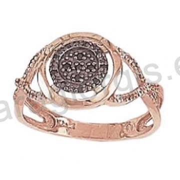 Δαχτυλίδι ροζ χρυσό K14 σε μοντέρνο περίτεχνο σχέδιο με λευκές και μαύρες πέτρες ζιργκόν