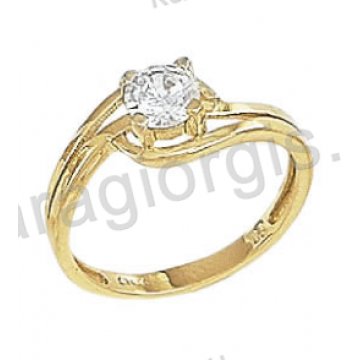 Μονόπετρο δαχτυλίδι K14 χρυσό μοντέρνο με άσπρη πέτρα ζιργκόν 