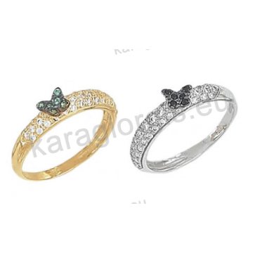 Δαχτυλίδι σειρέ Κ14 χρυσό ή λευκόχρυσο με πεταλούδα με πράσινες ή μαύρες πέτρες ζιργκόν
