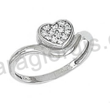 Δαχτυλίδι K14 λευκόχρυσο μοντέρνο με καρδιά με άσπρες πέτρες ζιργκόν 