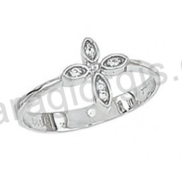Δαχτυλίδι K14 λευκόχρυσο μοντέρνο με σταυρό με άσπρες πέτρες ζιργκόν 