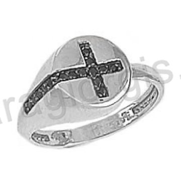 Δαχτυλίδι K14 λευκόχρυσο μοντέρνο τύπου Chevalier σε σχήμα σταυρού με μαύρες πέτρες ζιργκόν και μαύρο πλατίνωμα