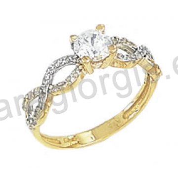 Μονόπετρο δαχτυλίδι Κ14 μοντέρνο δίχρωμο χρυσό με λευκόχρυσο με άσπρες πέτρες ζιργκόν στα πλαϊνά