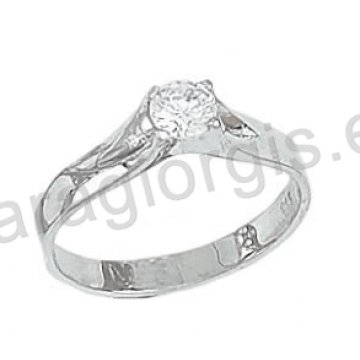 Μονόπετρο δαχτυλίδι Κ14 μοντέρνο λευκόχρυσο με άσπρη πέτρα ζιργκόν