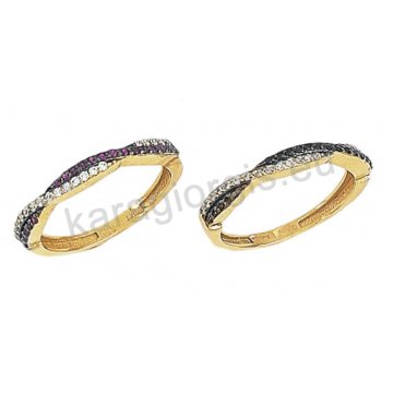 Δαχτυλίδι σειρέ Κ14 χρυσό με άσπρες και κόκκινες ή μαύρες πέτρες ζιργκόν και μαύρο πλατίνωμα