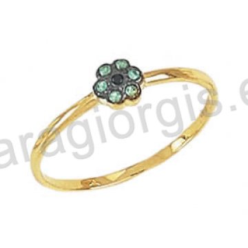 Δαχτυλίδι χρυσό Κ14 μοντέρνο με μαργαρίτα με πράσινες πέτρες ζιργκόν και μαύρο πλατίνωμα