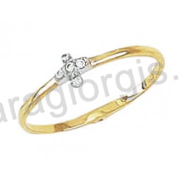 Δαχτυλίδι μοντέρνο Κ14 δίχρωμο χρυσό με λευκόχρυσο σταυρό με άσπρες πέτρες ζιργκόν