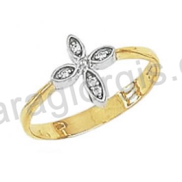 Δαχτυλίδι μοντέρνο Κ14 δίχρωμο χρυσό με λευκόχρυσο σταυρό με άσπρες πέτρες ζιργκόν