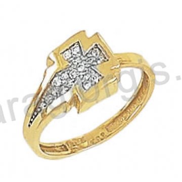 Δαχτυλίδι K14 δίχρωμο χρυσό με λευκόχρυσο μοντέρνο τύπου Chevalier σε σχήμα σταυρού με άσπρες πέτρες ζιργκόν