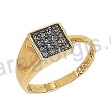 Δαχτυλίδι K14 χρυσό μοντέρνο τύπου Chevalier με μαύρες πέτρες ζιργκόν και μαύρο πλατίνωμα