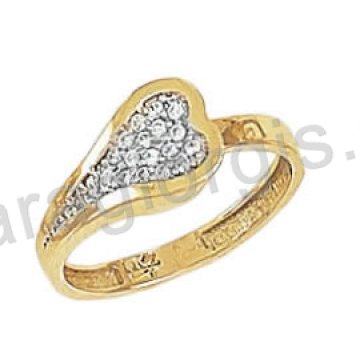 Δαχτυλίδι K14 δίχρωμο χρυσό με λευκόχρυσο μοντέρνο τύπου Chevalier σε σχήμα καρδιάς με άσπρες πέτρες ζιργκόν 