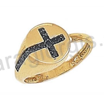 Δαχτυλίδι K14 χρυσό μοντέρνο τύπου Chevalier σε σχήμα σταυρού με μαύρες πέτρες ζιργκόν και μαύρο πλατίνωμα