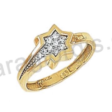 Δαχτυλίδι K14 χρυσό μοντέρνο τύπου Chevalier σε σχήμα αστεριού με άσπρες πέτρες ζιργκόν 