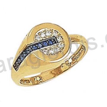Δαχτυλίδι K14 χρυσό μοντέρνο τύπου Chevalier με άσπρες και μπλε πέτρες ζιργκόν και μαύρο πλατίνωμα